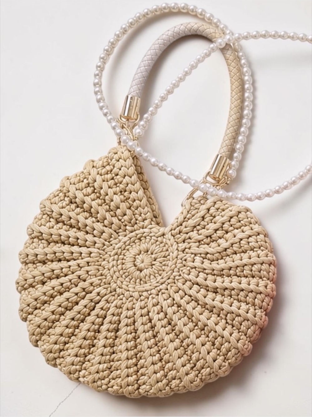 The Capri Shell Crochet Bag in Sand with Pearl crossbody Strap